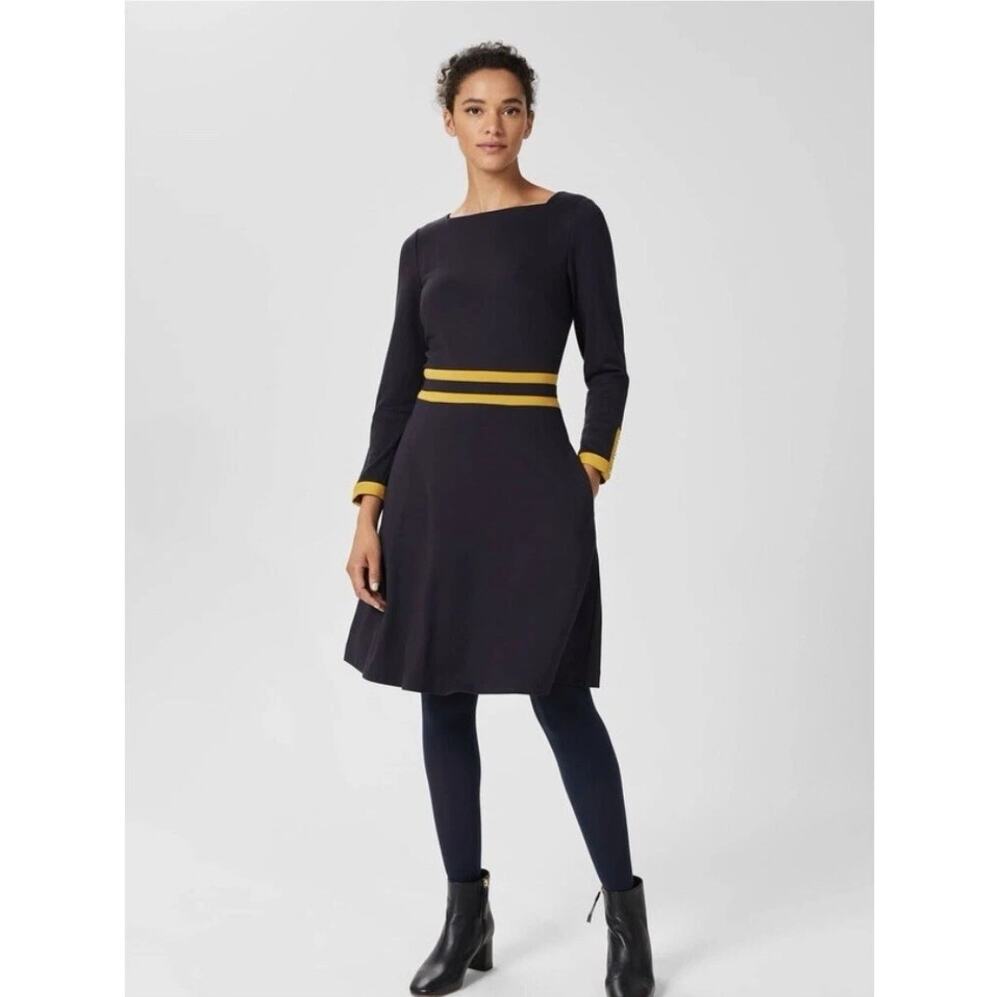Hobbs London Navy Vivian Stripe Ponte Midi Dress Long Sleeve Blue Yellow Sz 8